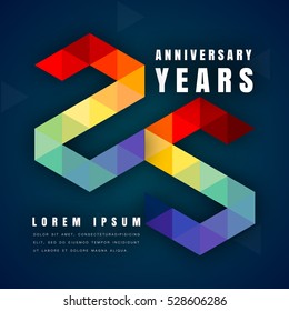 Anniversary emblems celebration logo, 25th birthday vector illustration, with dark blue background, modern geometric style and colorful polygonal design. 25 anniversary template design