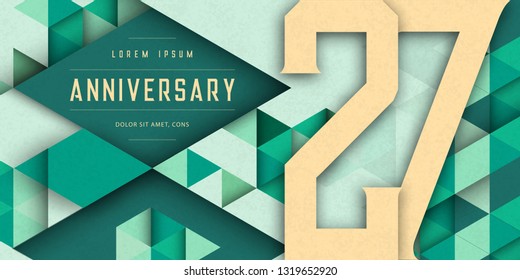 Anniversary emblems celebration logo, 27th birthday vector illustration, with texture background, modern geometric style and colorful polygonal design. 27 Anniversary template design, geometric design