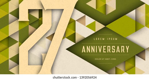Anniversary emblems celebration logo, 27th birthday vector illustration, with texture background, modern geometric style and colorful polygonal design. 27 Anniversary template design, geometric design