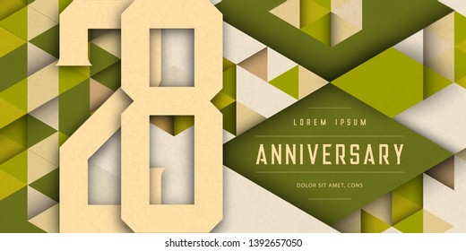 Anniversary emblems celebration logo, 28th birthday vector illustration, with texture background, modern geometric style and colorful polygonal design. 28 Anniversary template design, geometric design