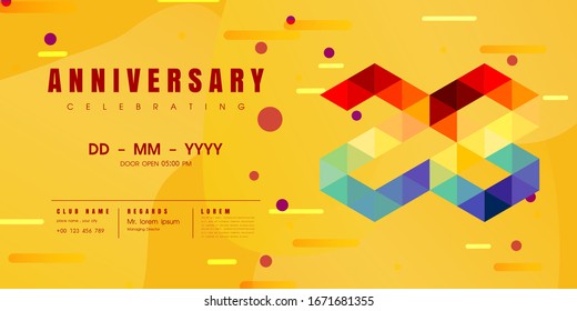 Anniversary emblems celebration logo, 28th birthday vector illustration, with yellow background, modern geometric style and colorful polygonal design. 28 anniversary template design