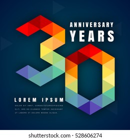 Anniversary emblems celebration logo, 30th birthday vector illustration, with dark blue background, modern geometric style and colorful polygonal design. 30 anniversary template design