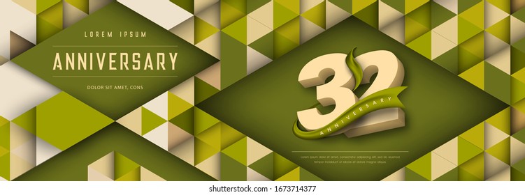 Jubiläumsembleme mit dem Fest-Logo, Vektorillustration zum 32. Geburtstag, mit Texturhintergrund, modernem geometrischem Stil und farbenprächtigem Polygondesign. 32 Jubiläumsvorlagendesign, geometrisches Design