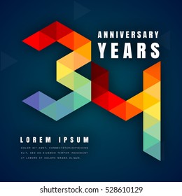 Anniversary emblems celebration logo, 34th birthday vector illustration, with dark blue background, modern geometric style and colorful polygonal design. 34 anniversary template design