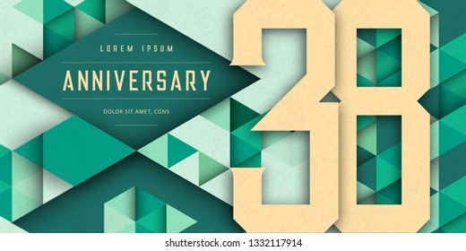 Anniversary emblems celebration logo, 38th birthday vector illustration, with texture background, modern geometric style and colorful polygonal design. 38 Anniversary template design, geometric design