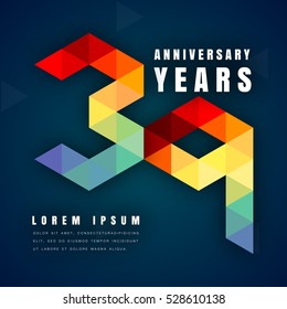 Anniversary emblems celebration logo, 39th birthday vector illustration, with dark blue background, modern geometric style and colorful polygonal design. 39 anniversary template design