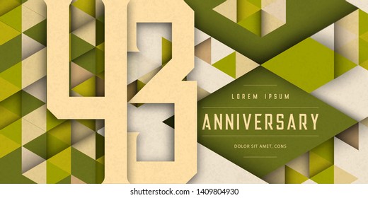 Anniversary emblems celebration logo, 43rd birthday vector illustration, with texture background, modern geometric style and colorful polygonal design. 43 Anniversary template design, geometric design