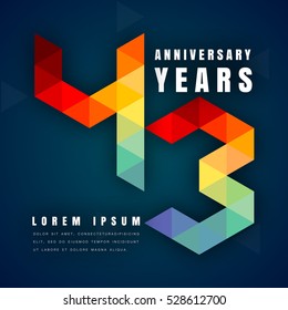 Anniversary emblems celebration logo, 43rd birthday vector illustration, with dark blue background, modern geometric style and colorful polygonal design. 43 anniversary template design