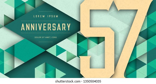Anniversary emblems celebration logo, 57th birthday vector illustration, with texture background, modern geometric style and colorful polygonal design. 57 Anniversary template design, geometric design