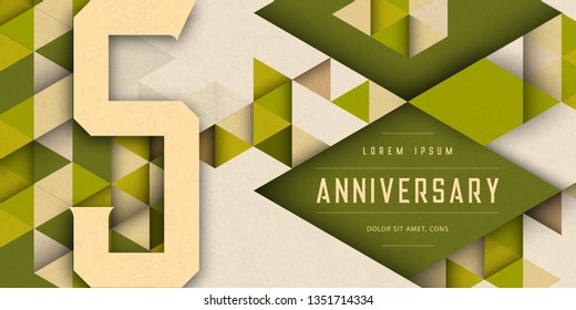 Anniversary emblems celebration logo, 5th birthday vector illustration, with texture background, modern geometric style and colorful polygonal design. 5 Anniversary template design, geometric design