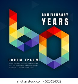 Anniversary emblems celebration logo, 60th birthday vector illustration, with dark blue background, modern geometric style and colorful polygonal design. 60 anniversary template design