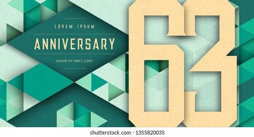 Anniversary emblems celebration logo, 63rd birthday vector illustration, with texture background, modern geometric style and colorful polygonal design. 63 Anniversary template design, geometric design