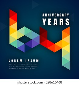 Anniversary emblems celebration logo, 64th birthday vector illustration, with dark blue background, modern geometric style and colorful polygonal design. 64 anniversary template design