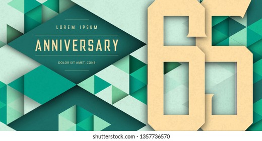 Anniversary emblems celebration logo, 65th birthday vector illustration, with texture background, modern geometric style and colorful polygonal design. 65 Anniversary template design, geometric design