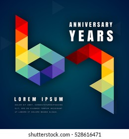 Anniversary emblems celebration logo, 67th birthday vector illustration, with dark blue background, modern geometric style and colorful polygonal design. 67 anniversary template design