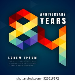 Anniversary emblems celebration logo, 84th birthday vector illustration, with dark blue background, modern geometric style and colorful polygonal design. 84 anniversary template design