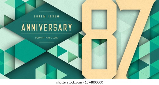 Anniversary emblems celebration logo, 87th birthday vector illustration, with texture background, modern geometric style and colorful polygonal design. 87 Anniversary template design, geometric design