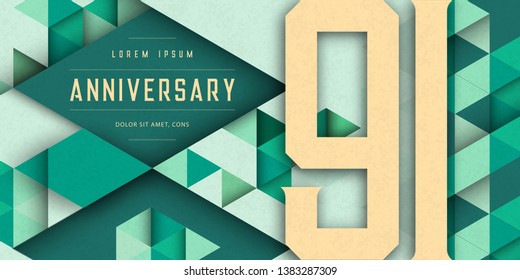 Anniversary emblems celebration logo, 91st birthday vector illustration, with texture background, modern geometric style and colorful polygonal design. 91 Anniversary template design, geometric design