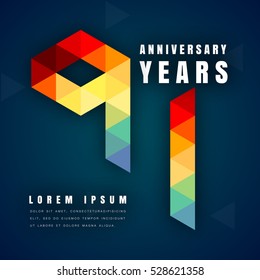 Anniversary emblems celebration logo, 91st birthday vector illustration, with dark blue background, modern geometric style and colorful polygonal design. 91 anniversary template design
