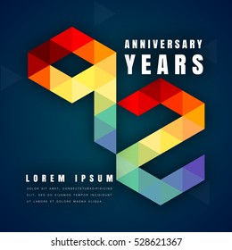 Anniversary emblems celebration logo, 92nd birthday vector illustration, with dark blue background, modern geometric style and colorful polygonal design. 92 anniversary template design