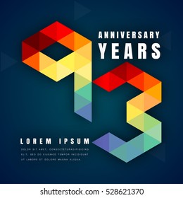 Anniversary emblems celebration logo, 93rd birthday vector illustration, with dark blue background, modern geometric style and colorful polygonal design. 93 anniversary template design