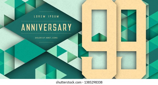 Anniversary emblems celebration logo, 99th birthday vector illustration, with texture background, modern geometric style and colorful polygonal design. 99 Anniversary template design, geometric design