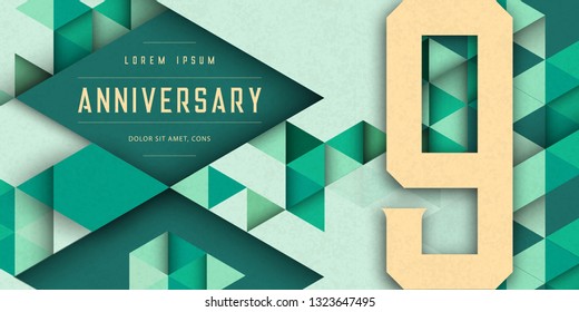Anniversary emblems celebration logo, 9th birthday vector illustration, with texture background, modern geometric style and colorful polygonal design. 9 Anniversary template design, geometric design