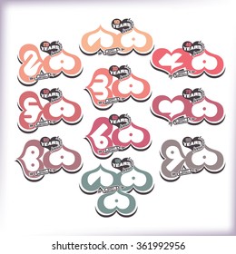 Anniversary emblems with heart shaped numbers from 10 to 100 years