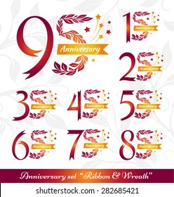 Anniversary emblems set. Celebration icons with numbers ribbons, wreath and fireworks. 15th, 25th, 35th, 45th, 55th, 65th, 75th, 85th, 95th sign collection.