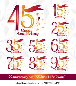Anniversary emblems set. Celebration icons with numbers from ribbons and fireworks. 15th, 25th, 35th, 45th, 55th, 65th, 75th, 85th, 95th sign collection. svg