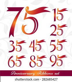 Anniversary emblems set. Celebration icons with numbers from ribbons. 15th, 25th, 35th, 45th, 55th, 65th, 75th, 85th, 95th sign collection.