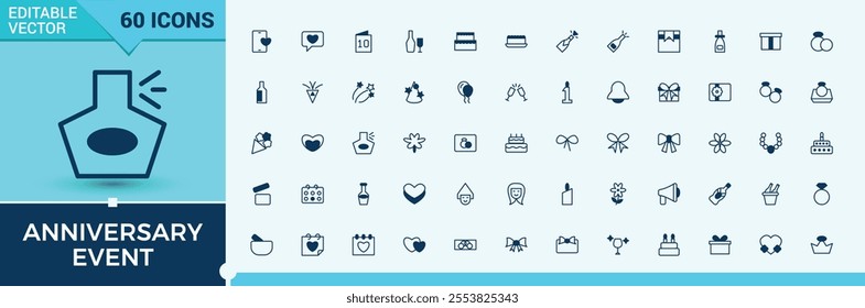 Anniversary Event line icon collections. Includes icons for banquet, balloons, anniversary, balloons, appreciate and more. Minimal linear icons. Solid line editable stroke.