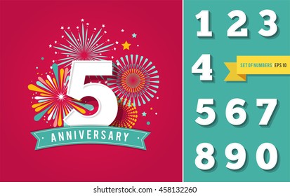 Anniversary fireworks and celebration background, set of numbers svg