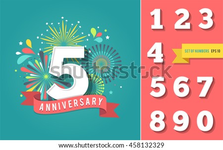 Anniversary fireworks and celebration background, set of numbers
