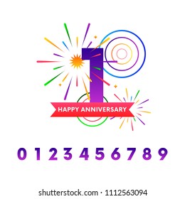 Anniversary fireworks and circles with ribbon. Happy anniversary set. Vector illustration.