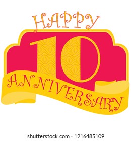 Anniversary flat style emblems with decorated numbers. Creative vector layout for invitation and greeting card. Ten years
