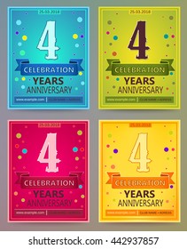 Anniversary flyers or invitations vector templates. Blue, green, pink and yellow as winter, spring, autumn, summer. Banner, card or invitation layout for anniversary celebrating. 4. Four years.