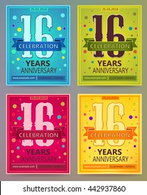 Anniversary flyers or invitations vector templates. Blue, green, pink and yellow as winter, spring, autumn, summer. Banner, card or invitation layout for anniversary celebrating. 16. Sixteen years.