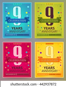 Anniversary flyers or invitations vector templates. Blue, green, pink and yellow as winter, spring, autumn, summer. Banner, card or invitation layout for anniversary celebrating. 9. Nine years.