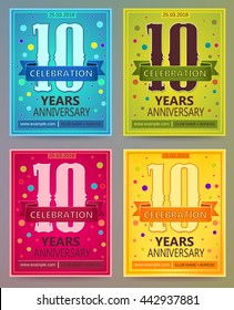 Anniversary flyers or invitations vector templates. Blue, green, pink and yellow as winter, spring, autumn, summer. Banner, card or invitation layout for anniversary celebrating. 10. Ten years.