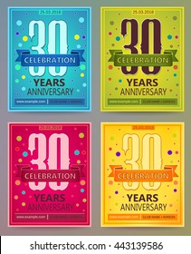 Anniversary flyers or invitations vector templates. Blue, green, pink and yellow as winter, spring, autumn, summer. Banner, card or invitation layout for anniversary celebrating. 30. Thirty years.