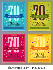 Anniversary flyers or invitations vector templates. Blue, green, pink and yellow as winter, spring, autumn, summer. Banner, card or invitation layout for anniversary celebrating. 70. Seventy years.