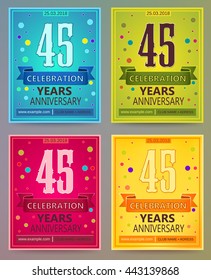 Anniversary flyers or invitations vector templates. Blue, green, pink, yellow as winter, spring, autumn, summer. Banner, card or invitation layout for anniversary celebrating. 45. Forty five years.
