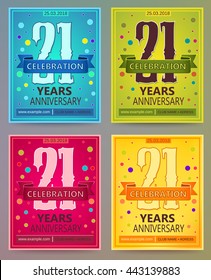 Anniversary flyers or invitations vector templates. Blue, green, pink and yellow as winter, spring, autumn, summer. Banner, card or invitation layout for anniversary celebrating. 21. twenty one years.