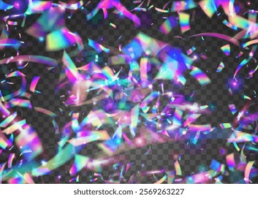 Anniversary Glitter. Laser Holographic Serpentine. Hologram Burst. Falling Poster. Rainbow Flag. Retro Pattern. Party Effect. Blue Light Background. Purple Anniversary Glitter