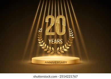 Anniversary gold award podium with glittering number 20. Twenty years celebration birthday or jubilee golden vector background. Luxury stage with laurel wreath and glowing rays on black.