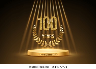 Pódio do prêmio de ouro do aniversário com número brilhante 100. 100 anos de celebração de aniversário ou jubileu fundo vetor dourado. Estágio de luxo com coroa de louros e raios brilhantes em preto.