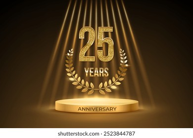 Anniversary gold award podium with glittering number 25. Twenty five years celebration birthday or jubilee golden vector background. Luxury stage with laurel wreath and glowing rays on black.