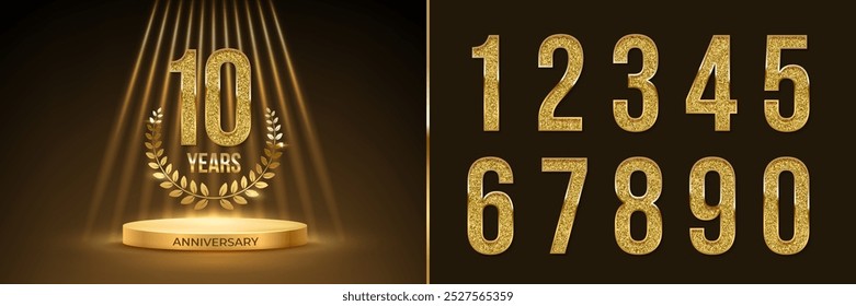 Anniversary gold award podium with glittering numbers set template. Celebration birthday or jubilee golden vector background. Luxury stage with laurel wreath, glowing rays, number 10 on black.