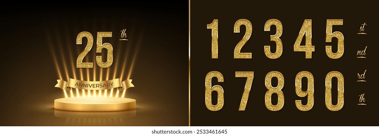 Podio del premio de oro del aniversario con números brillantes fijados Plantilla. Fondo de Vector dorado de celebración de cumpleaños o jubileo. Escenario de lujo con rayos brillantes, número 25, cinta con aniversario de texto.